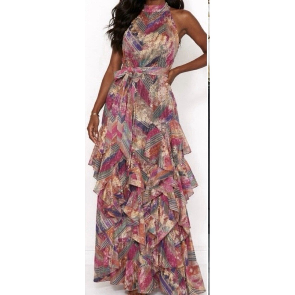 New Willa Story Women's Eliza Maxi Vneck Dress in Metallic Size Large Bohemian